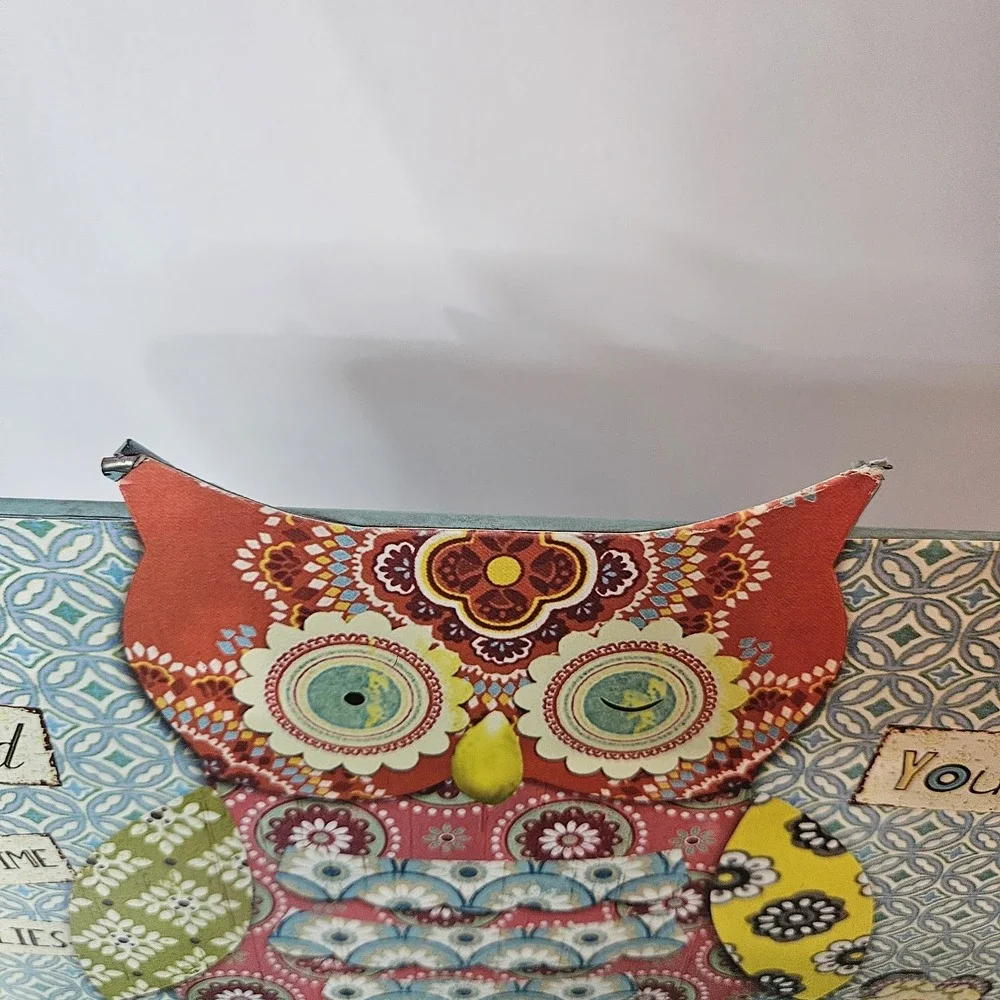 VTG Handmade Whimsical Owl Recipe Bk Weathered Metal Stand Scrollwork Feet Boho